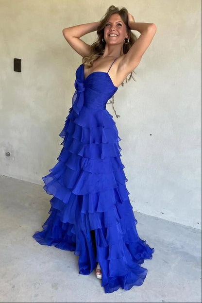 Spaghetti Straps Chiffon A-Line Tiered Party Prom Dress With Slit