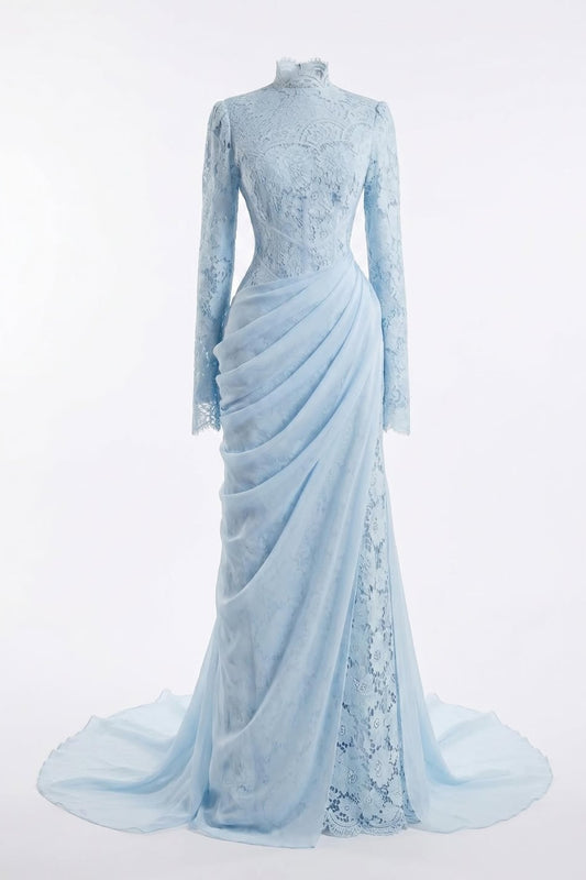 Sky Blue Long Sleeves High Neck Pleated Mermaid Evening Dress With Lace