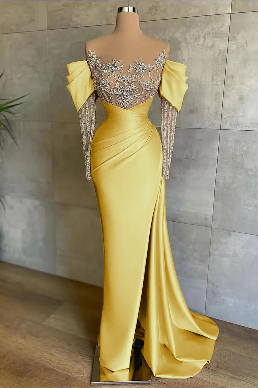 Pink Front Split Mermaid Long Sleeves Prom Dress Beadings With Appliques Off-The-Shoulder