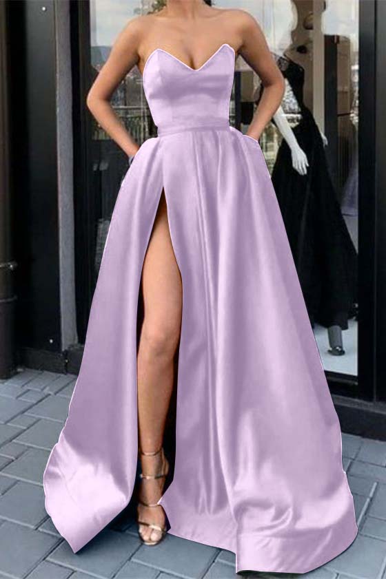 Sweetheart Long Prom Dress Purple Split With Pockets