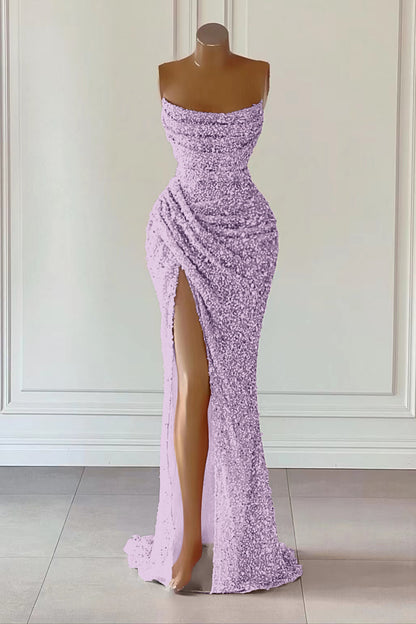 Dusty Pink Square Neck Sleeveless Mermaid Prom Dress Long Slit with Sequins