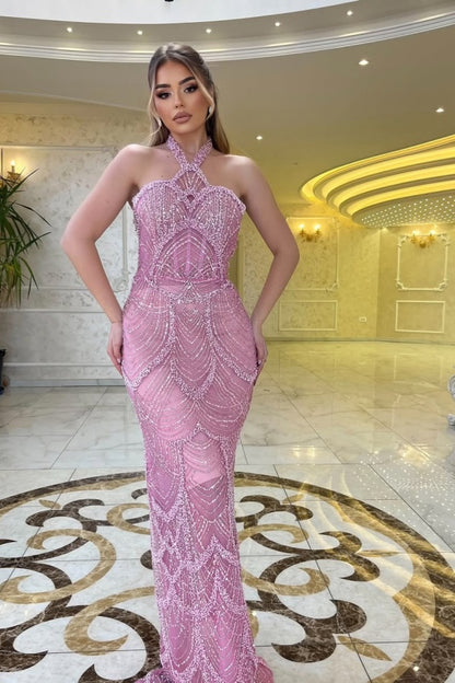 Shining Dusty Rose Beaded Sequins Sleeveless Halter Long Prom Dress