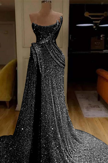 Mermaid Strapless Long Prom Dress Slit With Sequins