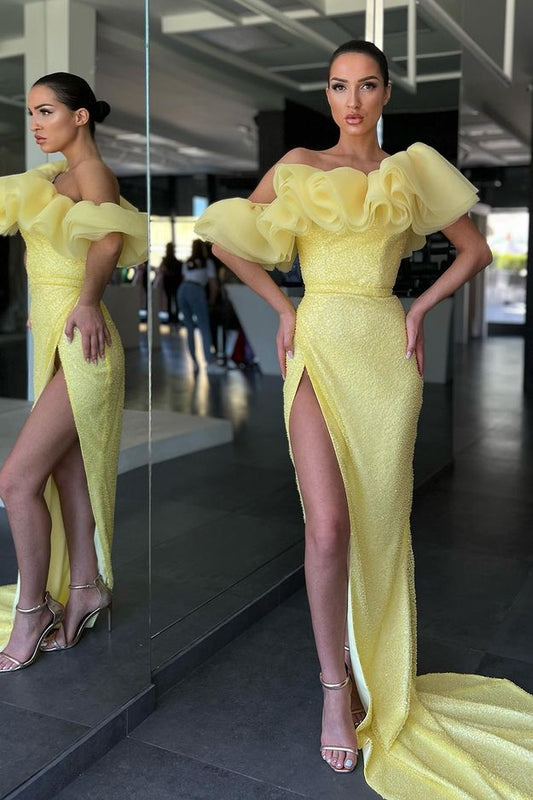 Daffodil Mermaid Off-The-Shoulder Evening Dress Split Sequins