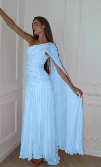 Blushing Pink One Shoulder Sheath Evening Dress With Beadings