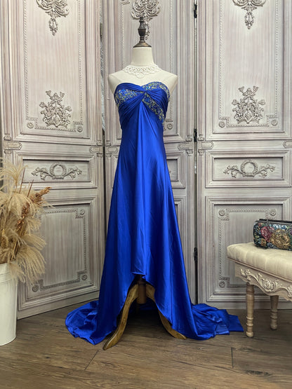 Elegant Royal Blue Sweetheart Train Beaded Satin Prom Dress Evening Dress P4730