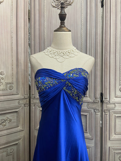 Elegant Royal Blue Sweetheart Train Beaded Satin Prom Dress Evening Dress P4730