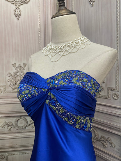 Elegant Royal Blue Sweetheart Train Beaded Satin Prom Dress Evening Dress P4730