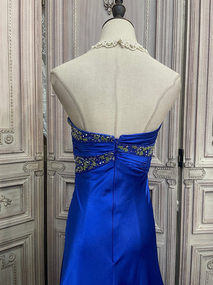 Elegant Royal Blue Sweetheart Train Beaded Satin Prom Dress Evening Dress P4730