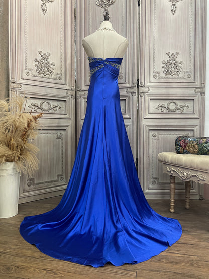 Elegant Royal Blue Sweetheart Train Beaded Satin Prom Dress Evening Dress P4730