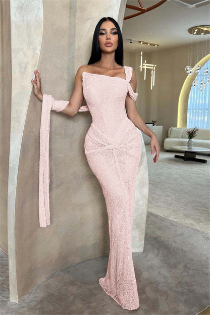 Stunning Pink Sequins One Shoulder Sleeveless Slim Prom Dress with Pleated