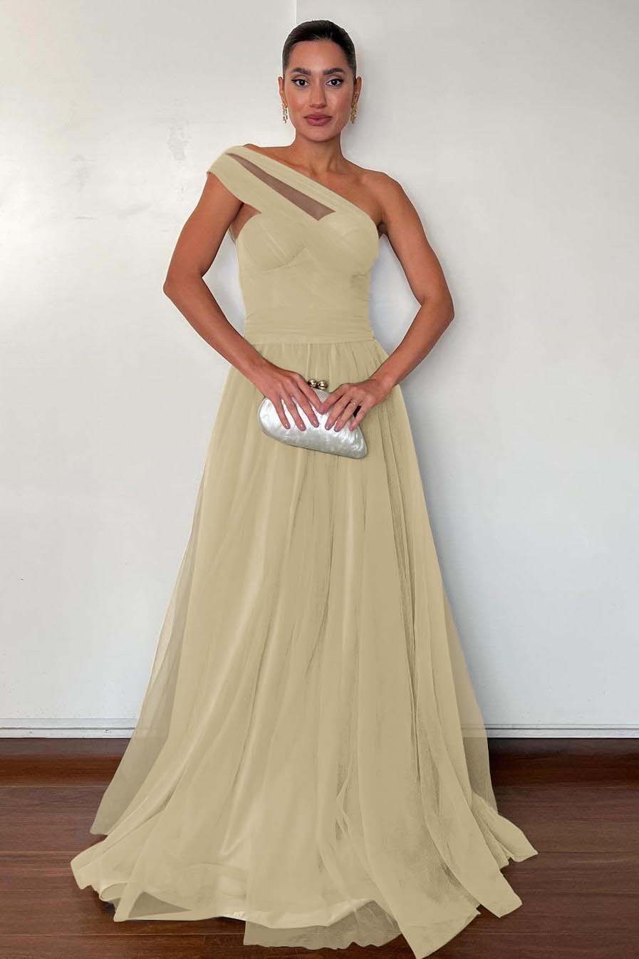 Stunning Green Tulle One Shoulder Sleeveless Long Prom Dress with Pleated