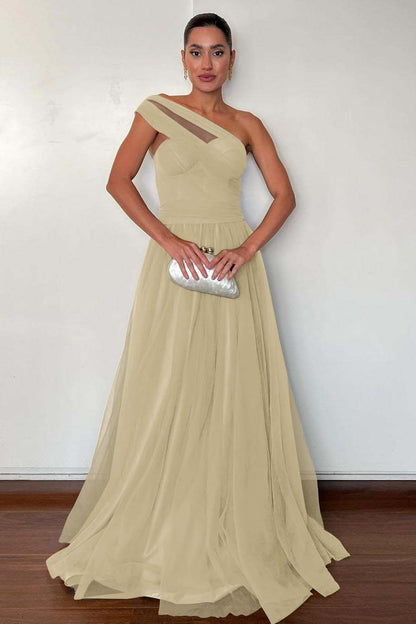 Stunning Green Tulle One Shoulder Sleeveless Long Prom Dress with Pleated