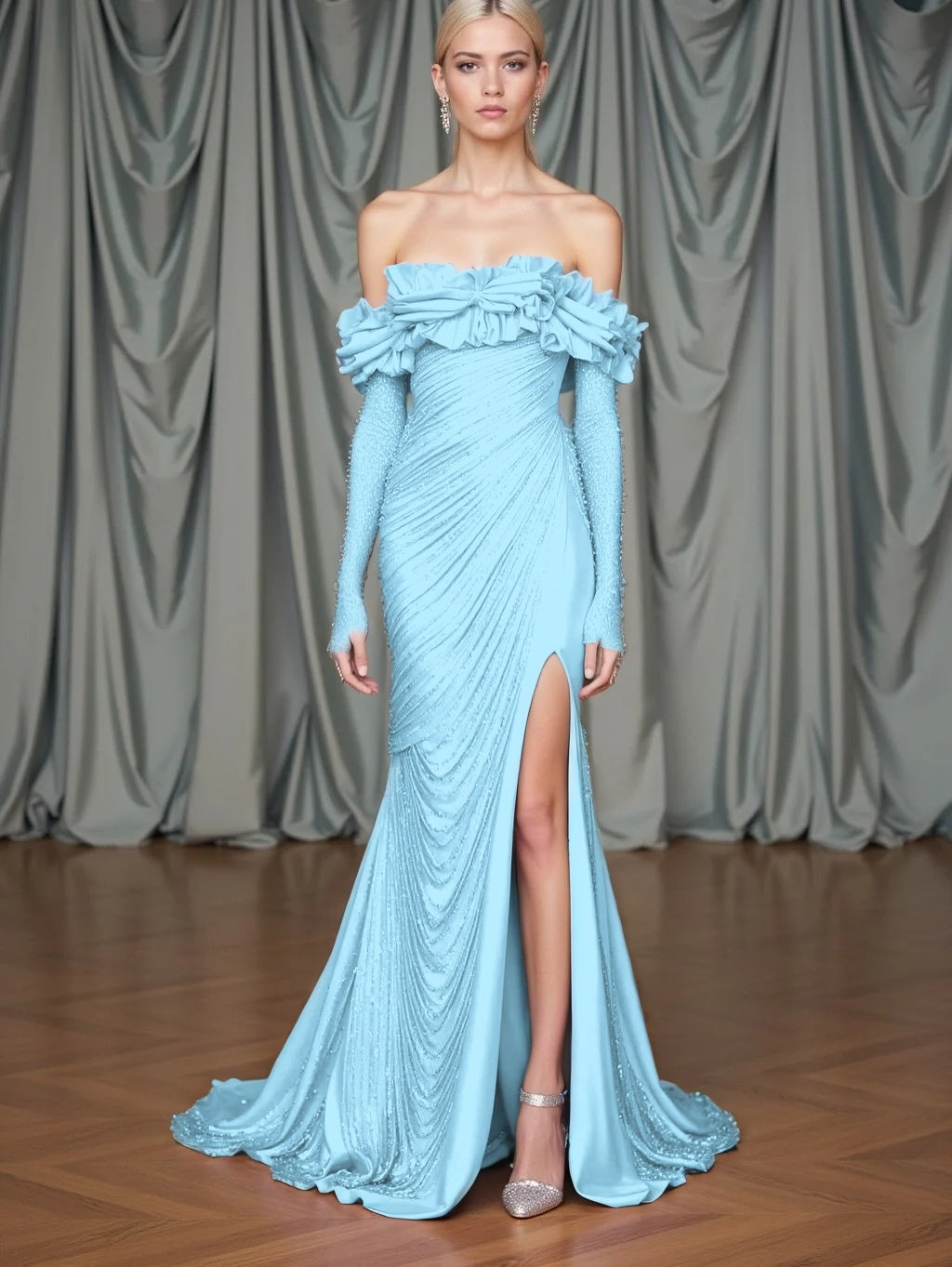 Long Sleeves Strapless Mermaid Slit Prom Dress With Sequins