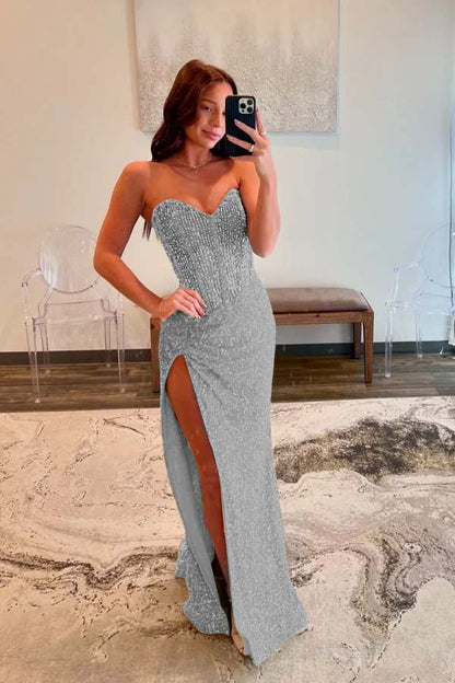Strapless Blue Beaded Slit Prom Dress