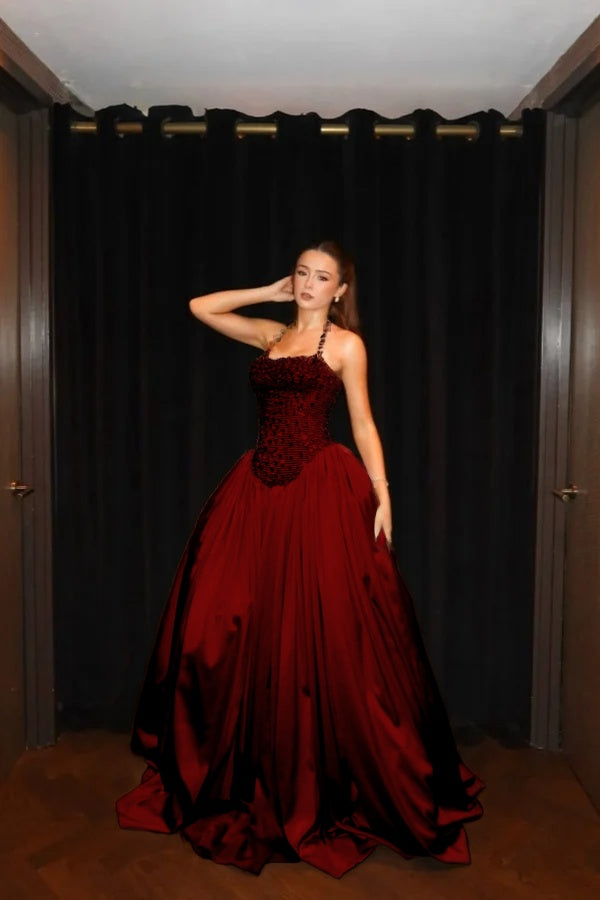 Gorgeous Gold Halter Rhinestone Sleeveless Evening Dress with Pleated