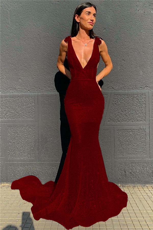 Deep V-Neck  Mermaid Prom Dress Open Back Sequins