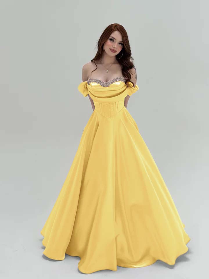 Elegant Off-The-Shoulder Beadings A-Line Pletaed Evening Dress
