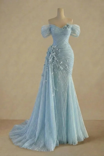 Dreamy Sky Blue Off-The-Shoulder Pleated Sequins Evening Dress With Side Train