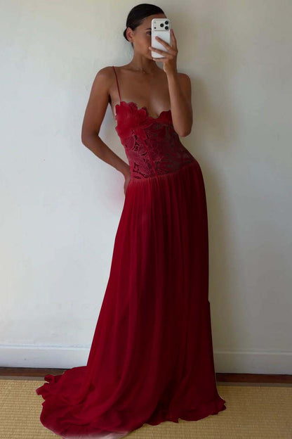 Lace And Chiffon V-Neck Spaghetti Straps Long A-Line Evening Dress With Pleated