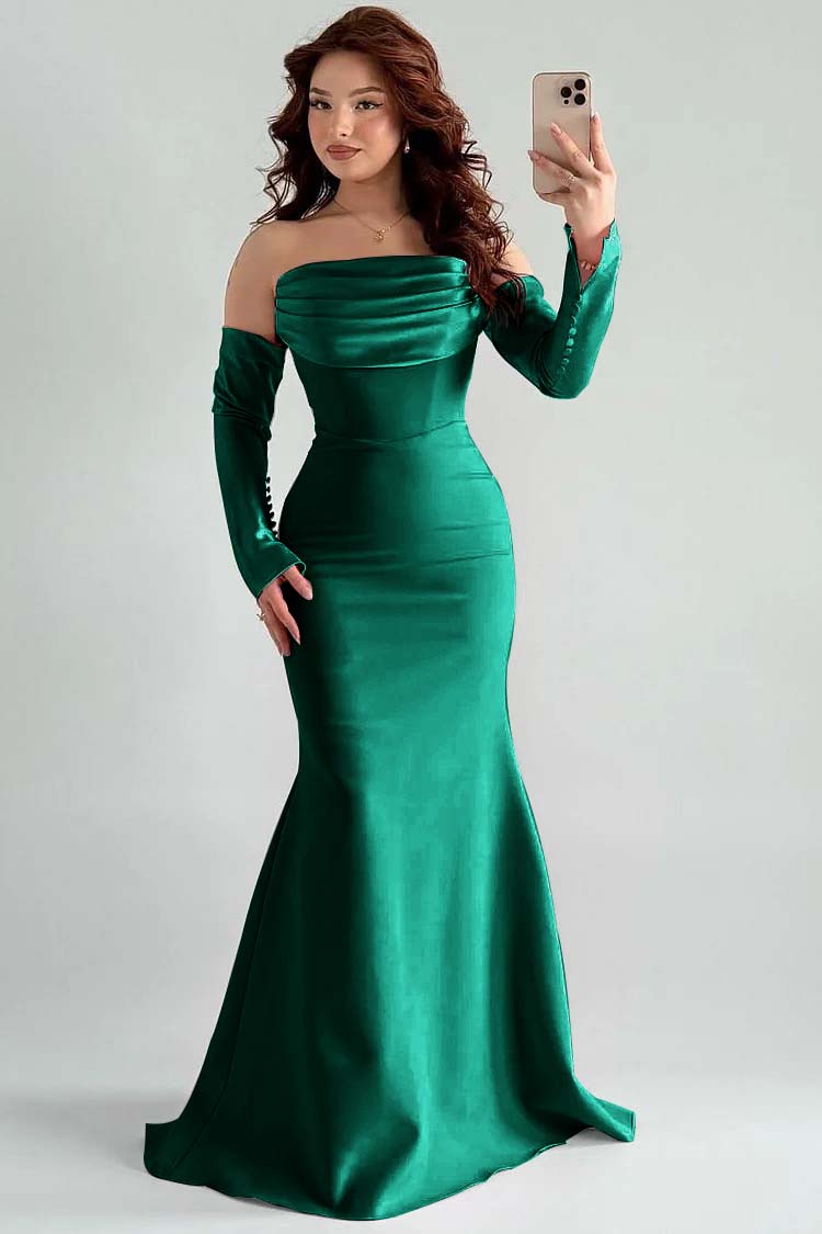 Square Strapless Mermaid Long Sleeves Prom Dress With Pleated