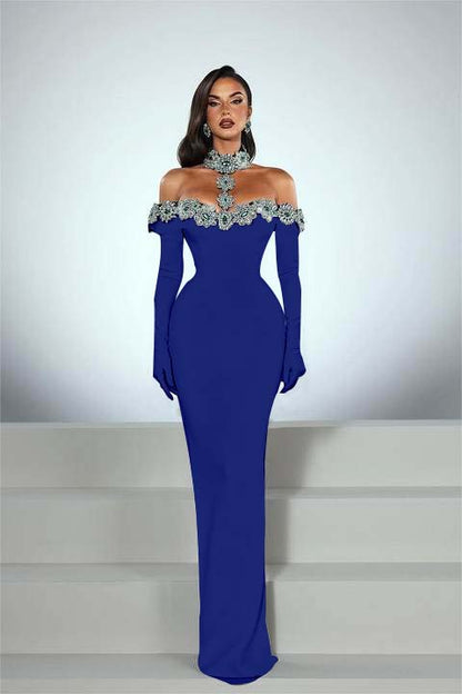 Charming Black Satin Long Sleeves Off the Shoulder Prom Dress with Beadings