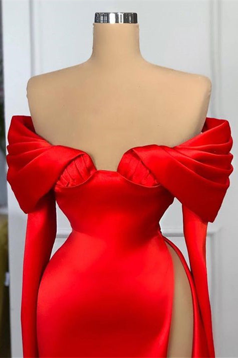 Long Sleeves Red Split Prom Dress Off-The-Shoulder Mermaid