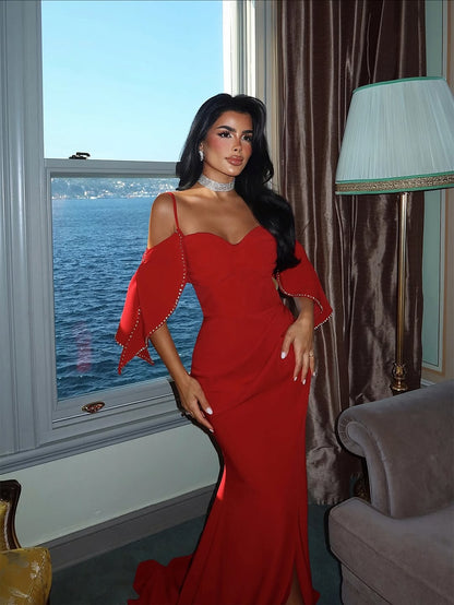 Red Sleeveless Spagheetti Straps V Neck Mermaid Long Prom Dress With Slit