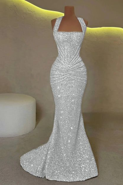 Gold Sleeveless Halter Straps Mermaid Prom Dress With Sequins