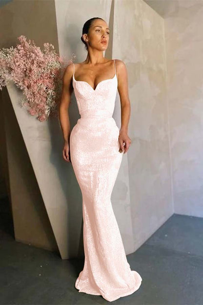 Mermaid Spaghetti-Straps Sequins Prom Dress Long