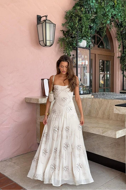 Spaghetti Strap Sleeveless Long Evening Dress With Pleated Appliques
