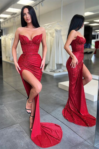 Burgundy Sequins Long Sleeveless Mermaid Prom Dress With Split