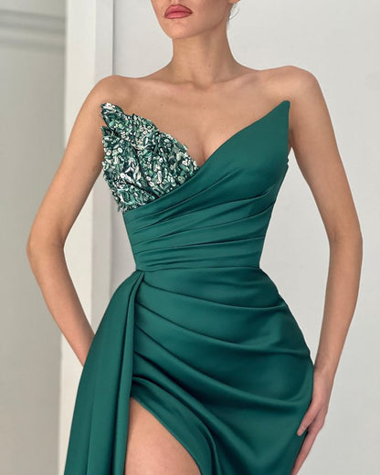 Classic Emerald Green V Neck Mermaid Prom Dress With Long Slit
