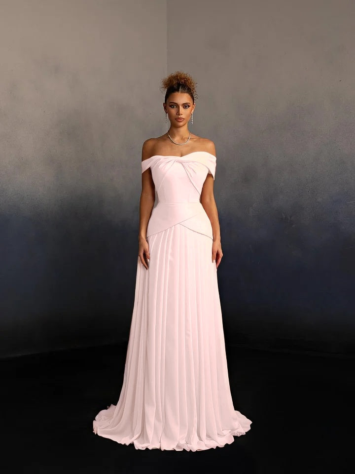 Glamorous Pink Off-The-Shoulder Pleated Long Evening Dress
