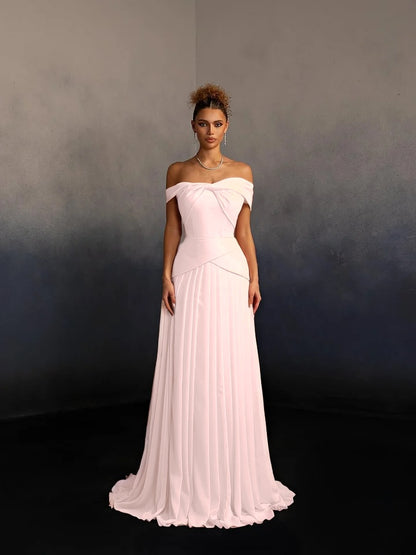 Glamorous Pink Off-The-Shoulder Pleated Long Evening Dress