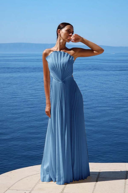 Simple White Sleeveless Strapless Long Prom Dress With Pleated