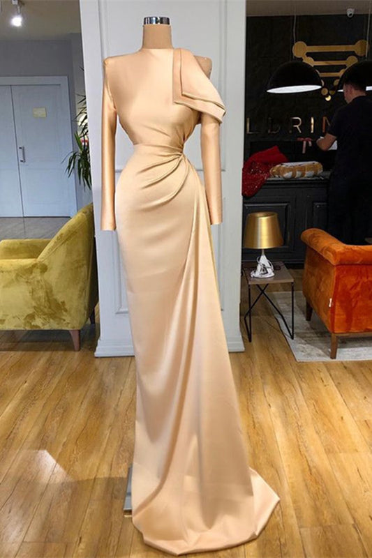 High Neck Champagne Prom Dress Mermaid Long Sleeves