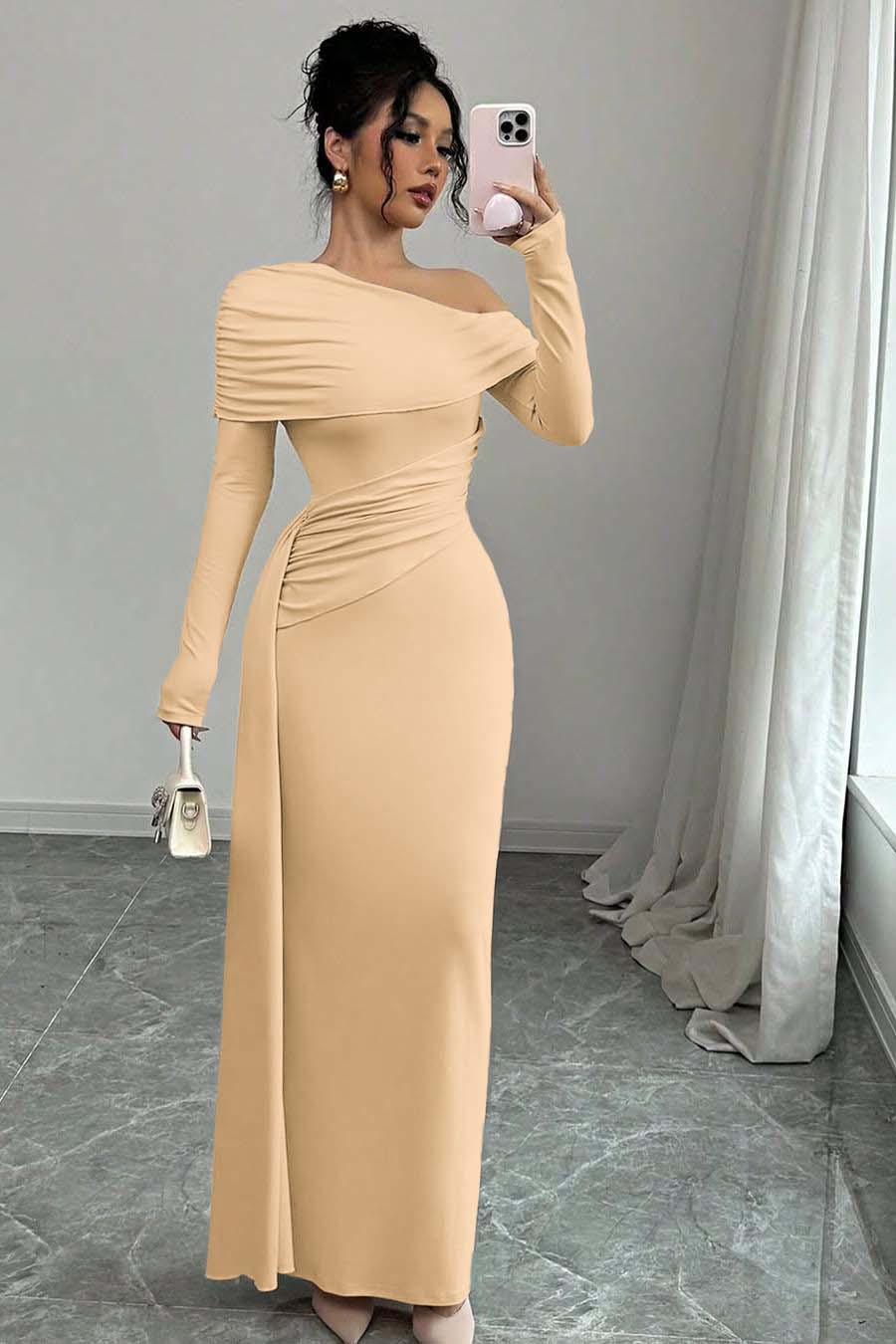 Long Sleeves One-Shoulder Pleated Mermaid Prom Dress