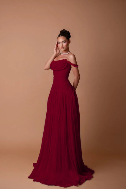 Charming White Off-the-Shoulder A-Line Evening Dress in Chiffon Pleated