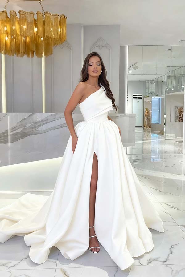 Black Satin Sleeveless One Shoulder Strap Long Prom Dress With Slit