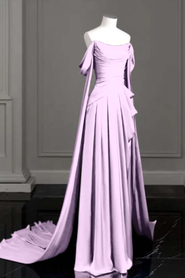 Sleeveless Off-The-Shoulder Pleated Long Prom Dress With Trailing On Both Sides