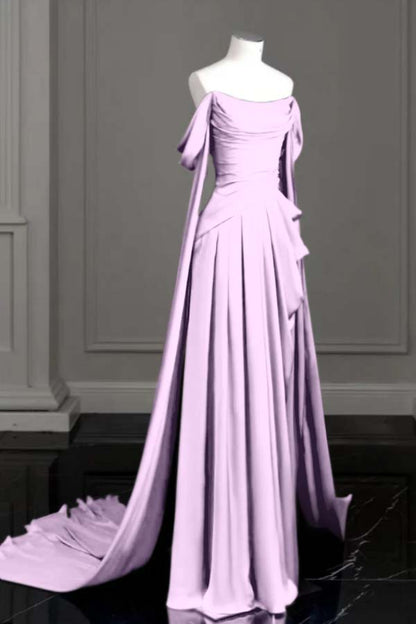 Sleeveless Off-The-Shoulder Pleated Long Prom Dress With Trailing On Both Sides