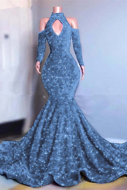 Long Sleeves Royal Blue High Collar Mermaid Long Prom Dress With Sequins