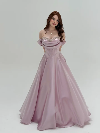 Elegant Off-The-Shoulder Beadings A-Line Pletaed Evening Dress