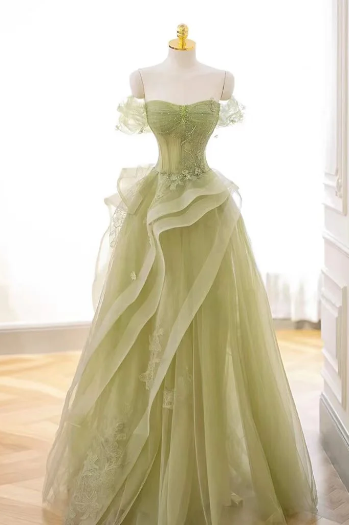 Charming Lace Strapless Off the Shoulder A-Line Long Tulle Prom Dress with Ruffle