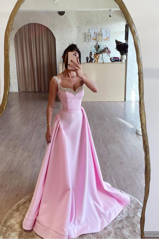 Beautiful Pink Satin Sleeveless Spaghtti Strap Long Prom Dress with Beadings