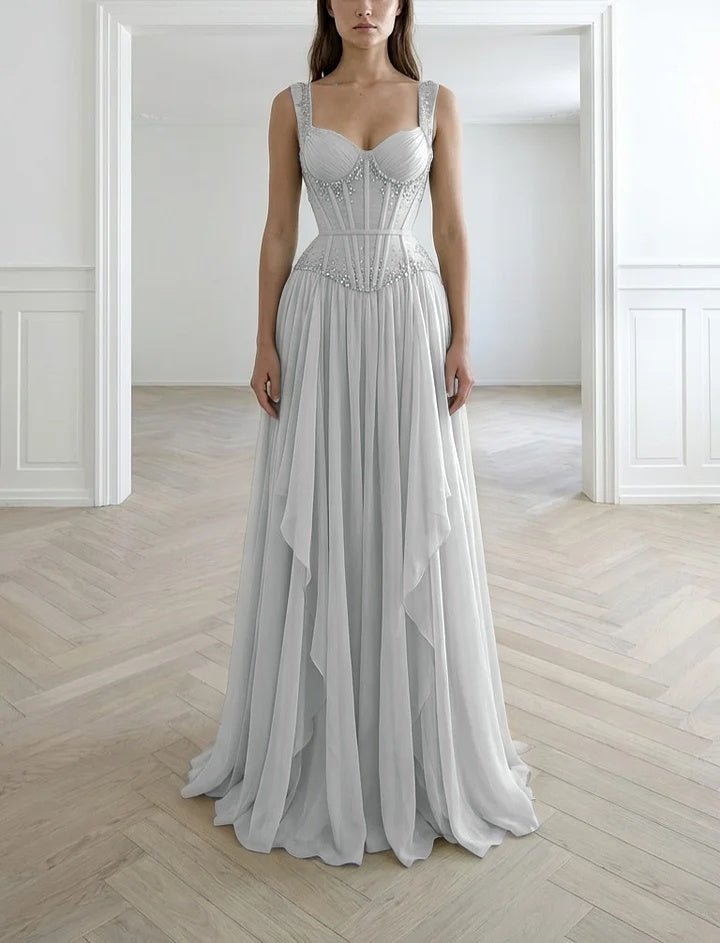 Graceful Sleeveless Wide Straps Beaded Ruffles Long Evening Dress