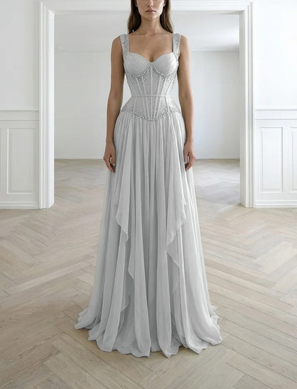 Graceful Sleeveless Wide Straps Beaded Ruffles Long Evening Dress