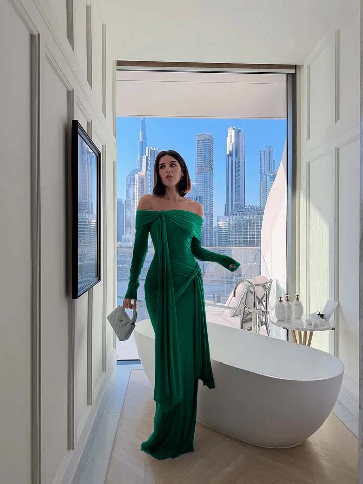 Chic Sky Blue Off-The-Shoulder Long Sleeves Pleated Chiffon Evening Dress