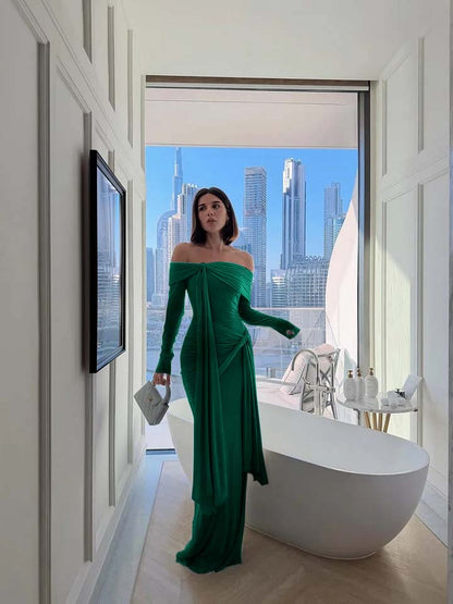 Chic Sky Blue Off-The-Shoulder Long Sleeves Pleated Chiffon Evening Dress